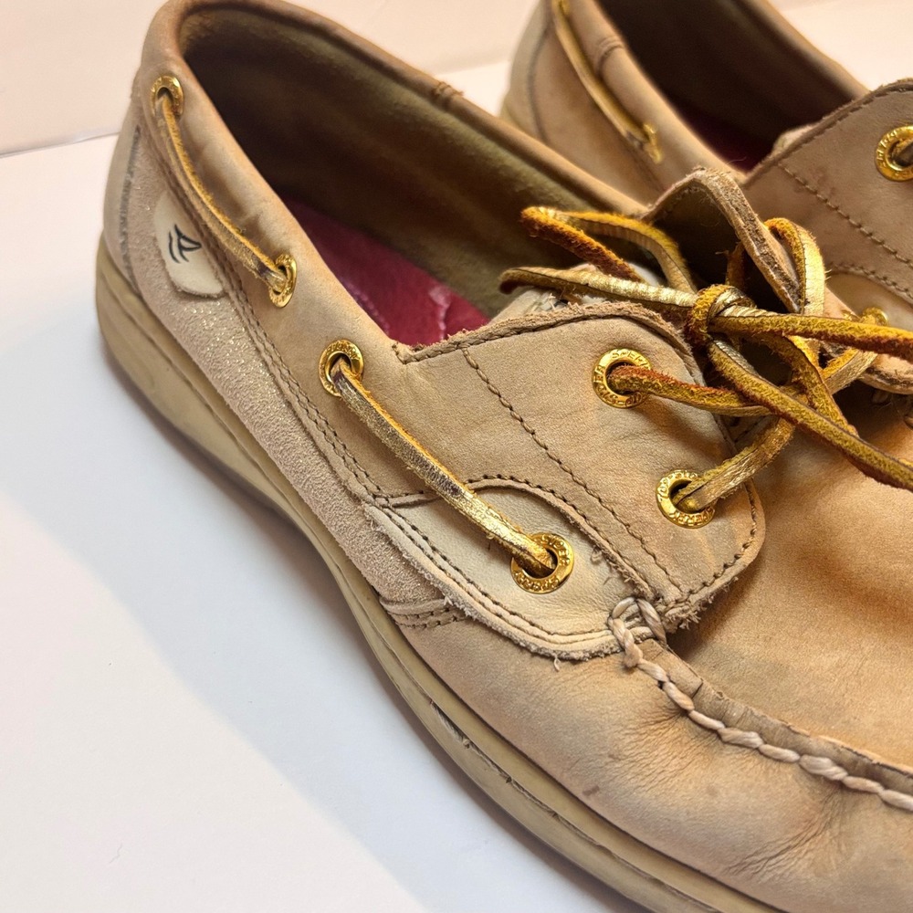 Sperry Top-Sider Women 9M Tan Leather Gold Metallic Boat Shoes boat Shoes Sperry - Picture 5 of 9